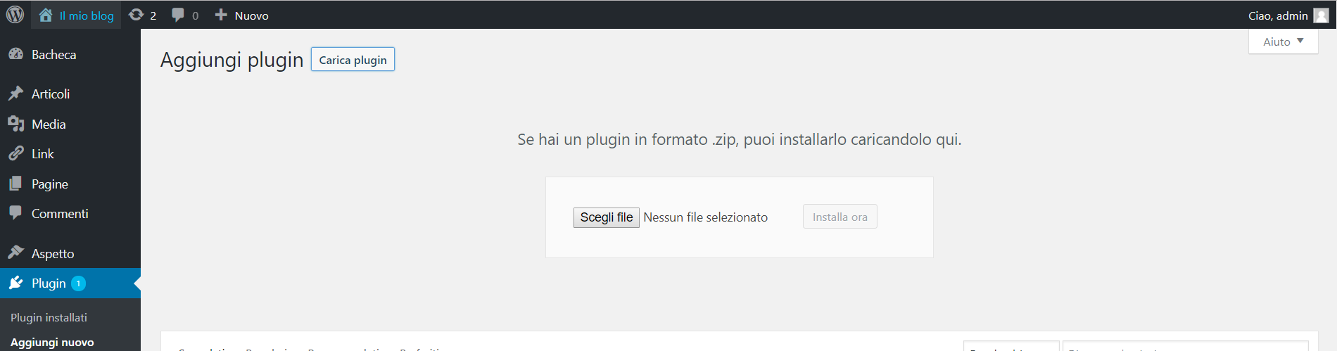 Schermata di caricamento plugin su Wordrpress.