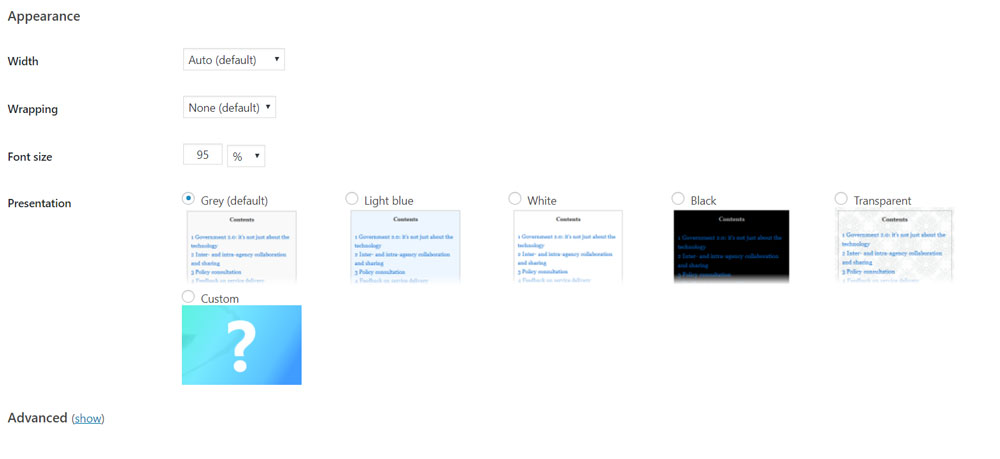 Appearance Table of Contents Plus.