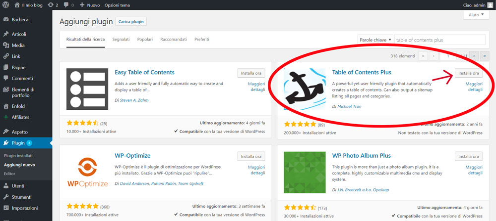 Installazione Table of Contents plugin.