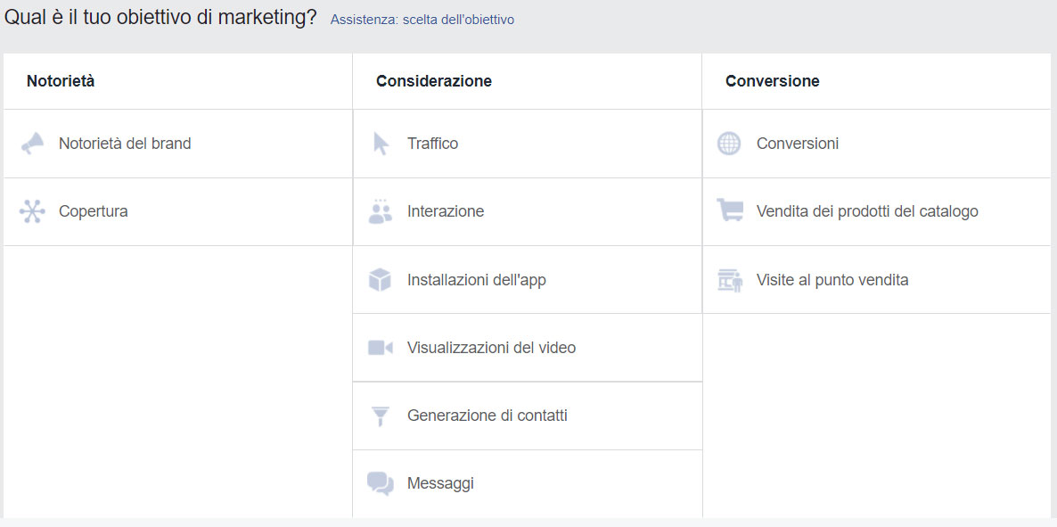 Impostazione obiettivi campagna Facebook.