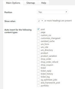 Main Option Table of Contents Plus.