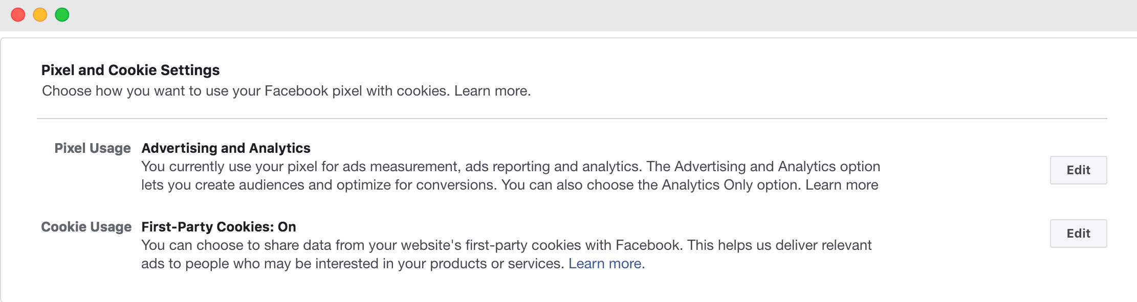 Aggiornamento Cookie Pixel Facebook - impostazioni