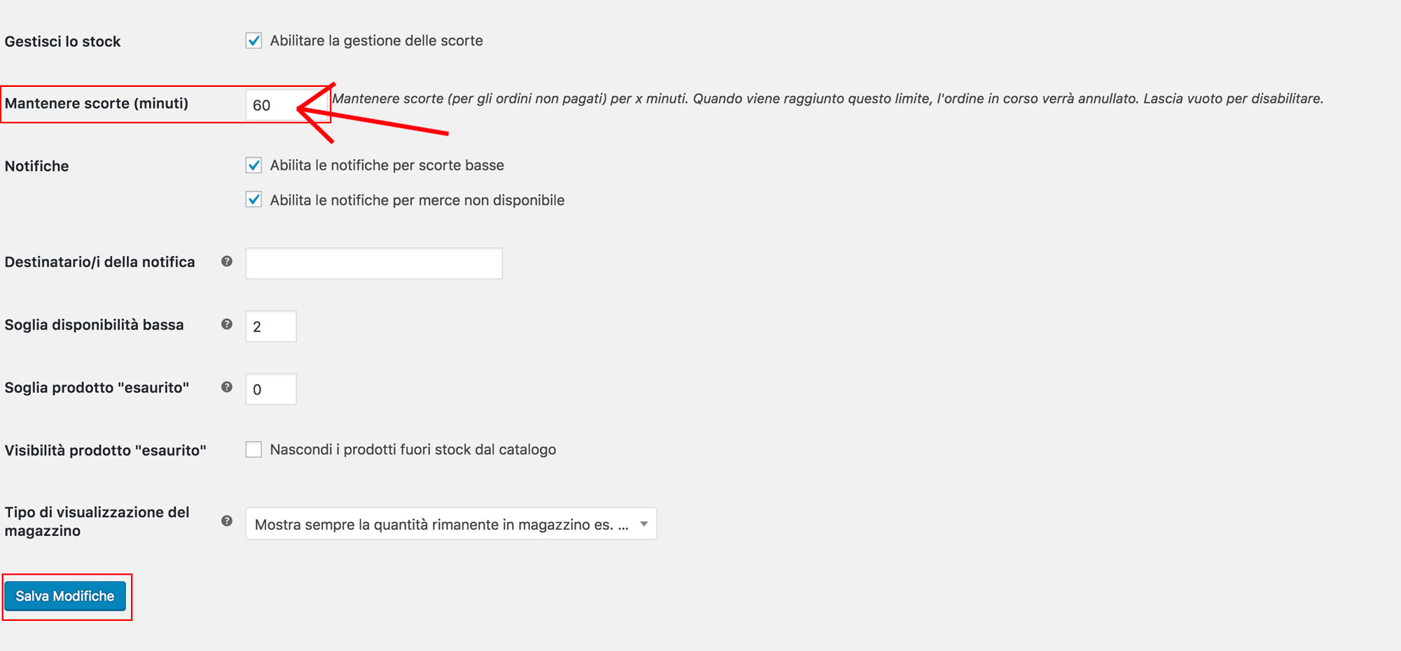 Risoluzione "tempo limite raggiunto" su WooCommerce: pannello impostazioni WooCommerce